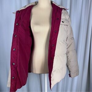 Vintage ORVIS Reversible Puffer Jacket Sz L Tan & Burgundy Snap Button 80s READ